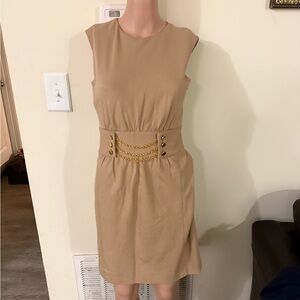 Womens Milly Tan Gold Chain Waist Sleeveless Shift Dress Size P